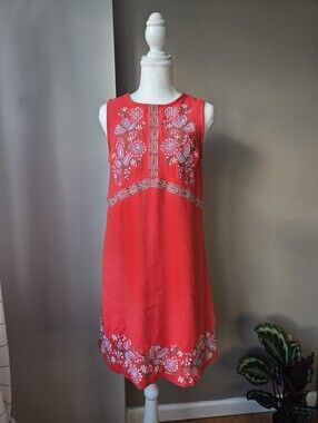 Anthropologie Red Embroidered Mini Linen Lyocell Shift Dress Size 2